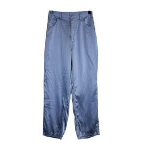 Fleur Du Mal 100% Silk High Waist Relaxed Straight Leg Pants 27” Blue - 6